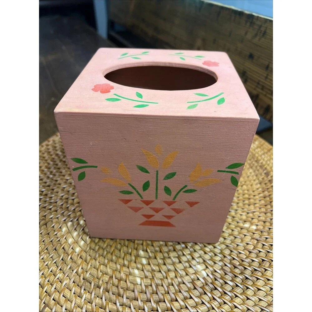 Vintage Square Wood Hand Stenciled Tissue Box Cover Primitive Flowers